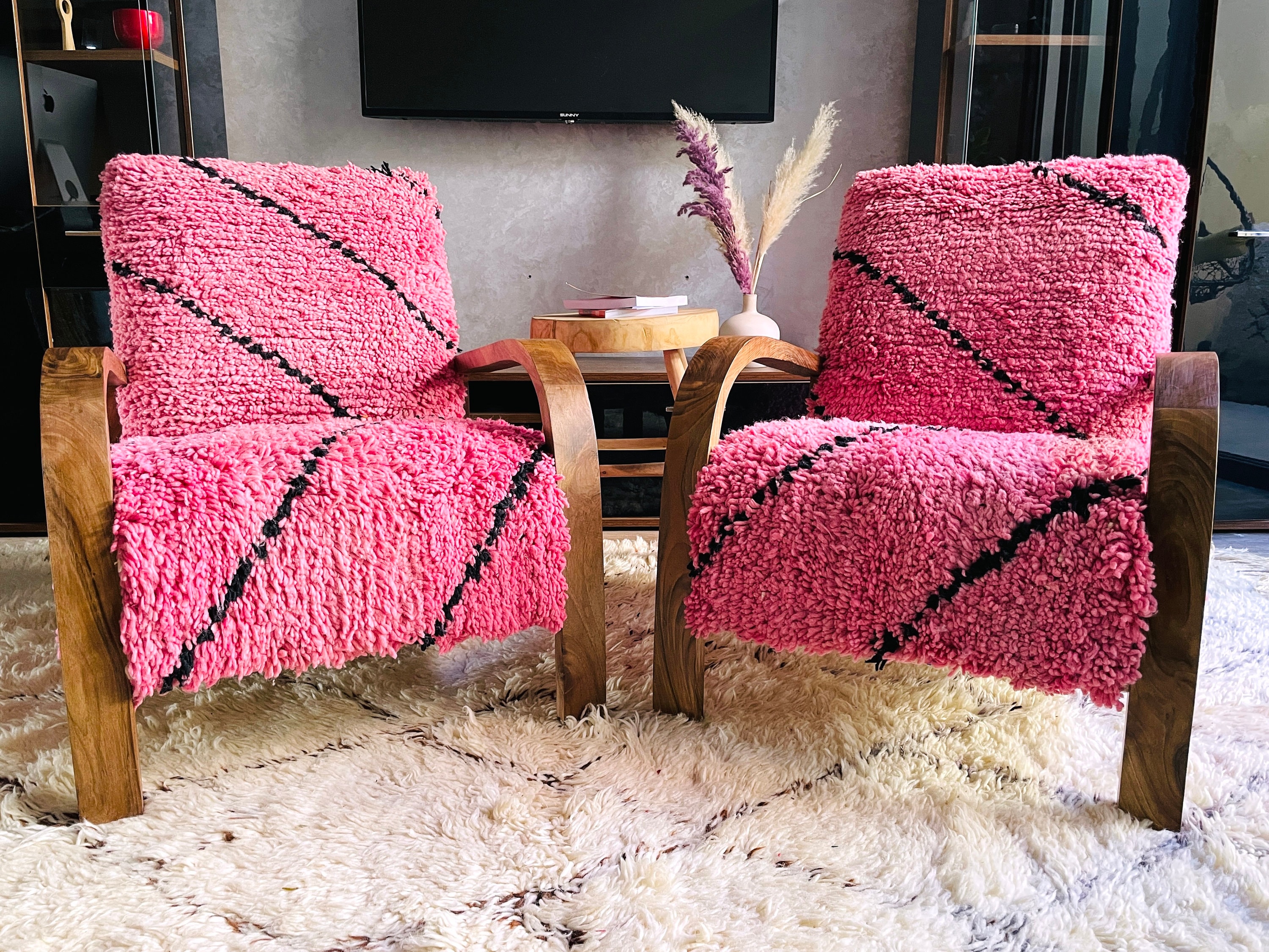 Set of 2 Mid century armchair - Retro lounge chair - modern chair - relax vintage style chair - Handmade walnut wood and vintage kilim chair