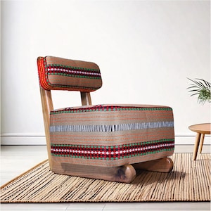 Vintage rug armchair and ottoman, Wooden armchair, Handmade chair mid century set, Comfy armchair for living room