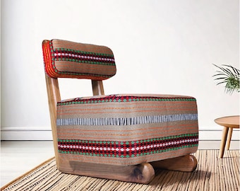 Vintage rug armchair and ottoman, Wooden armchair, Handmade chair mid century set, Comfy armchair for living room