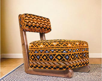 Mid century armless chair - Retro lounge chair - modern chair - relax vintage style chair - Handmade walnut wood and vintage kilim chair