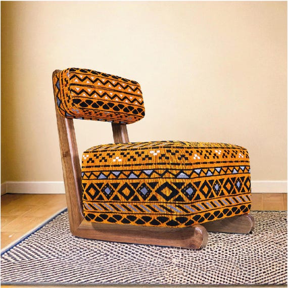 Mid century armless chair - Retro lounge chair - modern chair - relax vintage style chair - Handmade walnut wood and vintage kilim chair