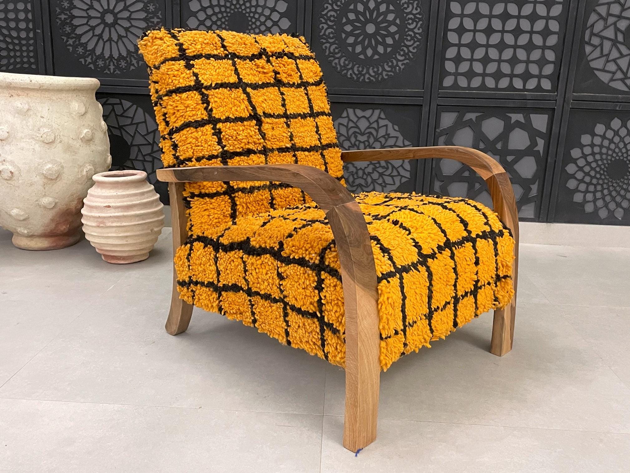 Handmade Moroccan Mustard Yellow Wool Chair Cozy Geometric Boho
