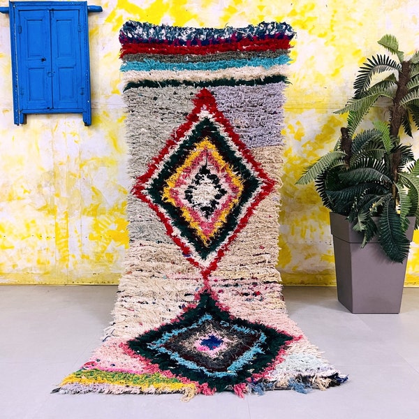 Berber Boucherouite rug 3.1 ft x 8.9 ft, Colorful Boucherouite, Vintage Moroccan rug 3x9, Bohemian rug, Teppich Moroccan Rug, Home Decor