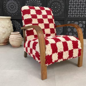 Moroccan Kilim Rug Armchair, Mid century armchair, Retro lounge chair, checkered relax vintage modern chair