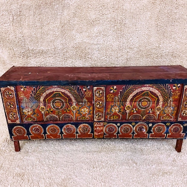 Antique MOROCCAN WOOD CHEST, Berber Wooden Chest, Moroccan Handicraft Box, Vintage Design Trunk Hand Craved Box Furniture decor