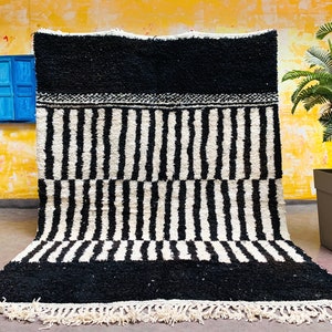 Beni Ourain Rug, Large Black White Geometric rug, Handwoven Berber Wool carpet, Living Room Bedroom, Moroccan Atlas Mountains