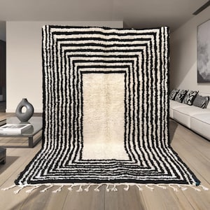 Black and White Moroccan Rug, Handmade Wool Berber Carpet, Modern striped Area Rug, Bohemian Minimalist Decor, Luxury Moroccan Carpet