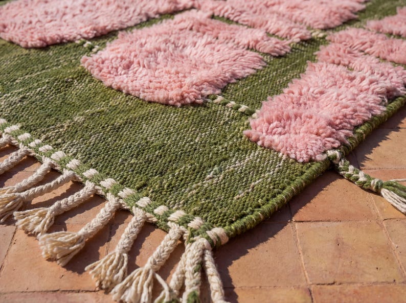 Green & Pink Bohemian Rug – Handmade Moroccan Wool Area Rug, Modern ...