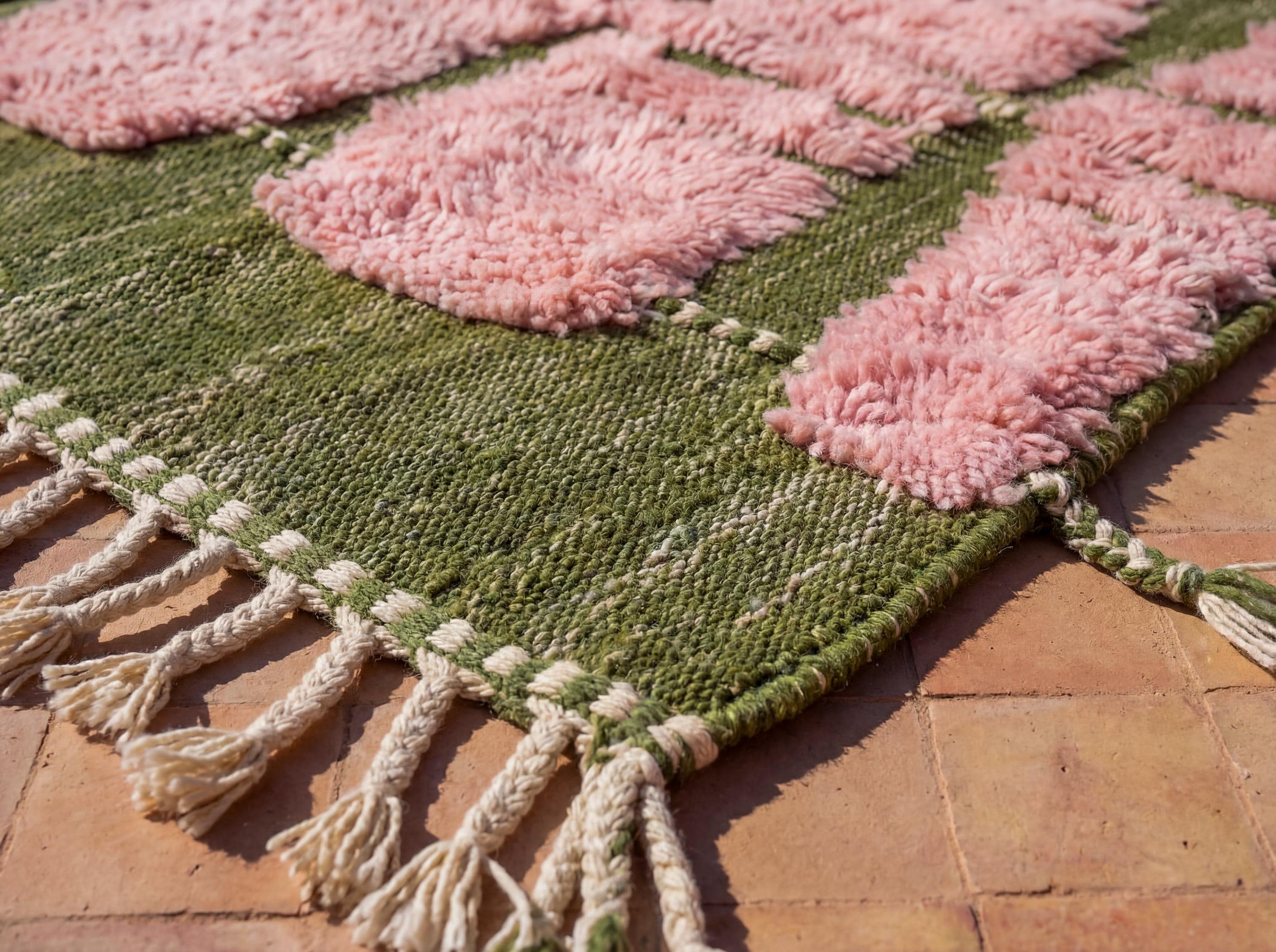 Pink and Green Bohemian Rug – Handmade Custom Moroccan Wool Area