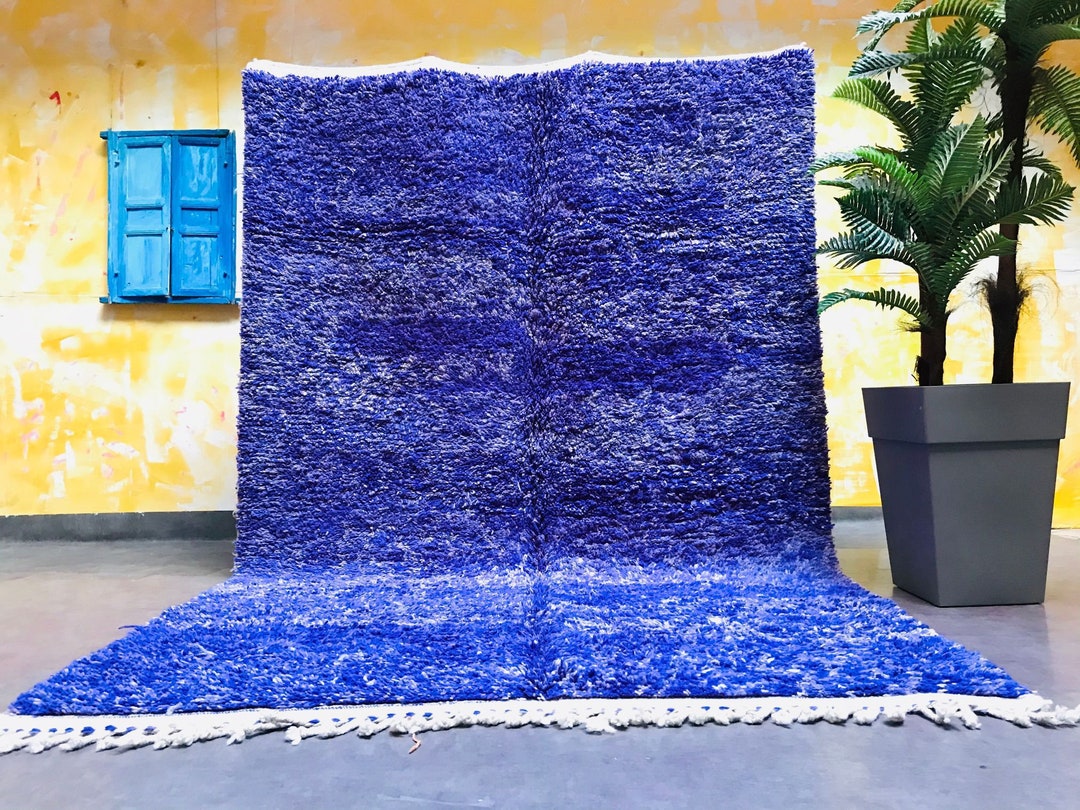 Plain Blue Beni Ourain Rug Wool Area Moroccan Rug 6x9 Feet 195 Cm X 297