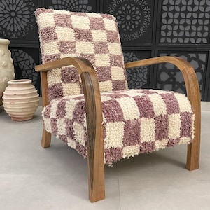 Handmade Moroccan Armchair - Beige & purple Checkerboard Wool Upholstery