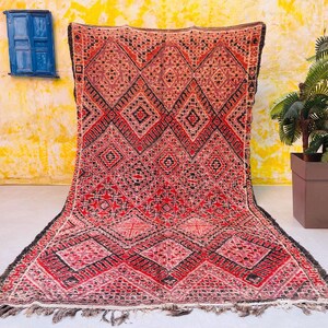 Vintage Red Moroccan Rug (6.7 ft x 11.1 ft): Handmade Berber Wool Carpet