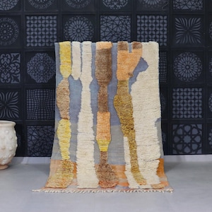 Earthy Abstract Moroccan Rug - Handwoven Mrirt Wool Carpet with Textured Lines in Yellow, Rust, and Cream - Organic Modern Decor