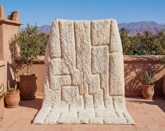 Ivory Textured Wool Rug – Handmade Berber Shag Carpet, Moroccan Minimal Contemporary Style