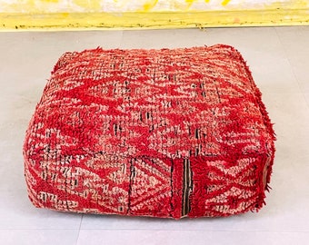 Moroccan Kilim Pouf, Vintage Moroccan Ottoman, Beni Ourain Square Pouf, Yoga Meditation Cushion, Outdoor Red Kilim Pillows