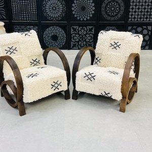 Set of 2 Mid century armchair - Retro lounge chair - modern chair - relax vintage style chair - Handmade walnut wood and vintage kilim chair