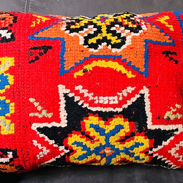 Housse d’oreiller rouge faite à la main marocaine, housse de coussin Kilim Rug, coussin de méditation, canapé taie d’oreiller, décoration intérieure Boho Electic
