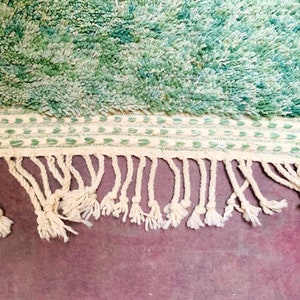 May include: Close-up of a textured rug with a teal and green color scheme. The rug features a shaggy pile and a cream-colored border with green stitching. Cream-colored fringe hangs from the bottom edge, adding a decorative element.
