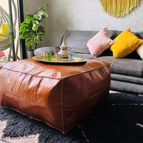 Amazing square Ottoman Pouffe table coffee Moroccan leather,ottoman square pouf, light tan handmade footstool square pouffe LEATHER ottoman