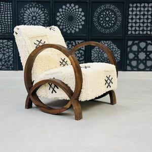 Vintage rug armchair and ottoman, Wooden armchair, Handmade chair mid century set, Comfy armchair for living room