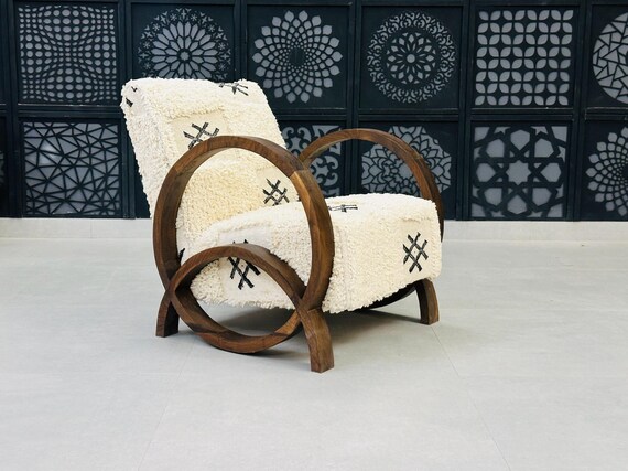 Vintage rug armchair and ottoman, Wooden armchair, Handmade chair mid century set, Comfy armchair for living room