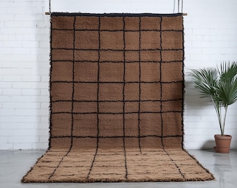 Tapis marocain quadrillé - Tapis berbère fait main - Tapis personnalisé - Tapis Beni ourain marron - Tapis de salon - Tapis marocain - Tapis marron en laine