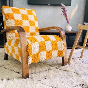 Moroccan Kilim Rug Armchair, Mid century armchair, Retro lounge chair, checkered relax vintage modern chair