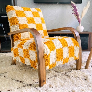 Mid century wooden Sessel, Moroccan Kilim Rug Armchair, Retro lounge chair, relax vintage modern chair, Comfy chair, Art deco chair