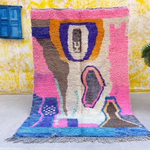 Wunderschöner Beni Ourain Teppich 150 x 230 cm gewebter Teppich - bunter Teppich - Rosa Wolle Beniourain Teppich, Geometrischer Teppich