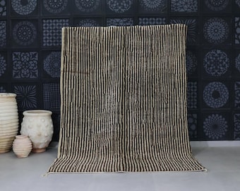Neutral Striped Wool Moroccan Rug - Minimalist Beige and Brown Carpet - Handwoven Berber Rug for Modern Natural Interiors