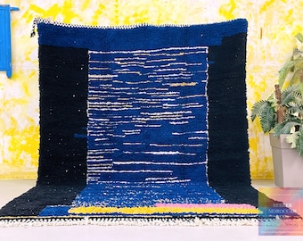 Alfombra marroquí abstracta azul - Alfombra bereber de lana tejida a mano - Alfombra bohemia moderna - Decoración marroquí única