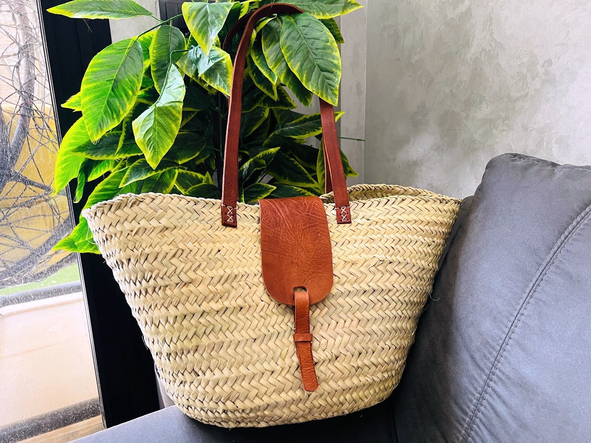 Straw Bag Natural French Basket Handle Leather