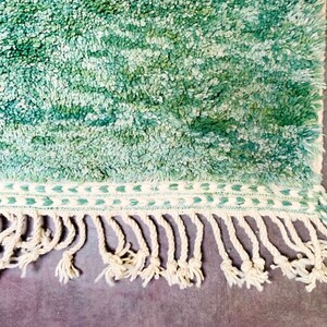 May include: A close-up of a green and white rug with a textured, shaggy pile. The rug has a cream-colored border with a teal geometric pattern and cream-colored fringe along the bottom edge. The rug is on a dark purple surface.