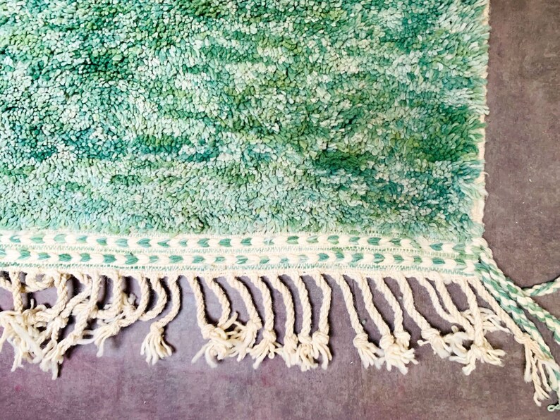 May include: A close-up of a green and white rug with a textured, shaggy pile. The rug has a cream-colored border with a teal geometric pattern and cream-colored fringe along the bottom edge. The rug is on a dark purple surface.