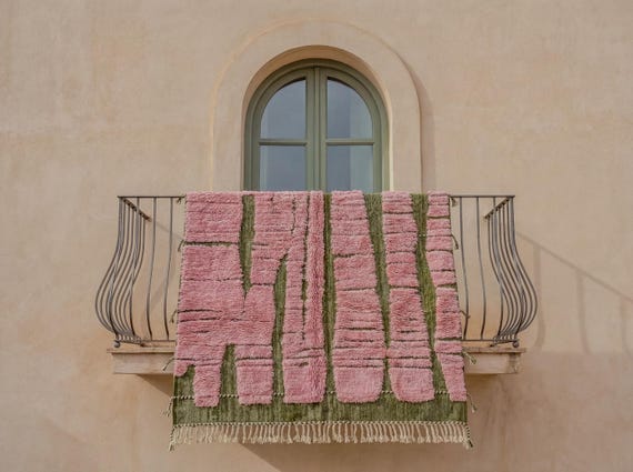 Pink and Green Bohemian Rug – Handmade Custom Moroccan Wool Area