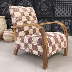 Handmade Moroccan Armchair - Checkered Wool Upholstery & Solid Wood Frame