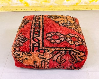 Vintage Moroccan Kilim Pouf, Floor Pouf, Vintage Moroccan Ottoman, Beni Ourain Square Pouf, Meditation Cushion, Outdoor Red Kilim Pillow