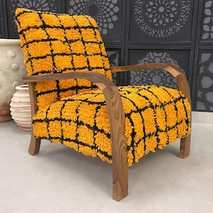 Handmade Moroccan Wool Armchair, Luxe Mustard & Black Lounge Chair, relax vintage style chair, Handmade walnut wood and vintage kilim chair