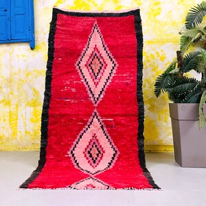 Morrocan Rug Vintage Boucherouite Rug 3.2 Ft x 6.9 Ft, Red Boho Rug, Handmade Vintage Rag Rug, Colorful Rug 3x7
