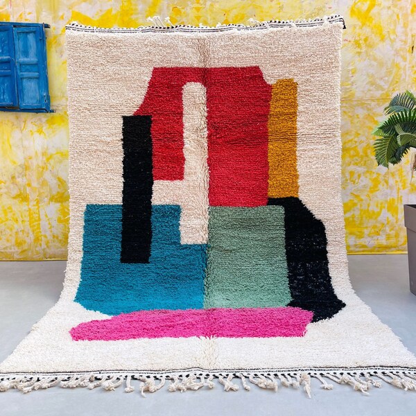 Pink Beni ourain Rug 6.5 FT x 9.7 FT, Moroccan area rug 6x9, Colorful Azilal carpet