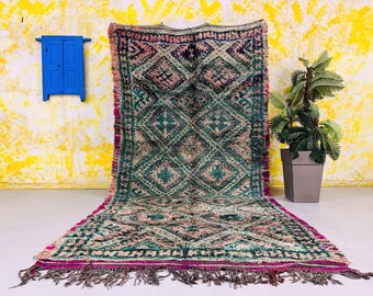 Vintage Green Moroccan Rug 6.4 ft x 13.4 ft, Authentic Boujaad Rug 6x13 FT