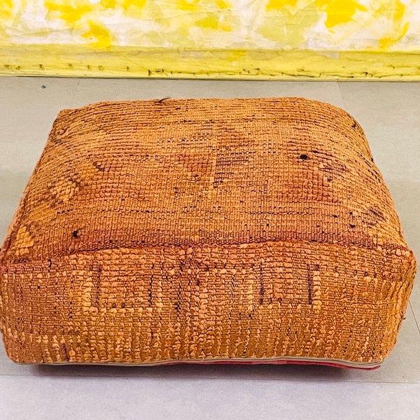 Moroccan orange Kilim Pouf, Handmade Ottoman Footstool, Vintage Floor Cushion