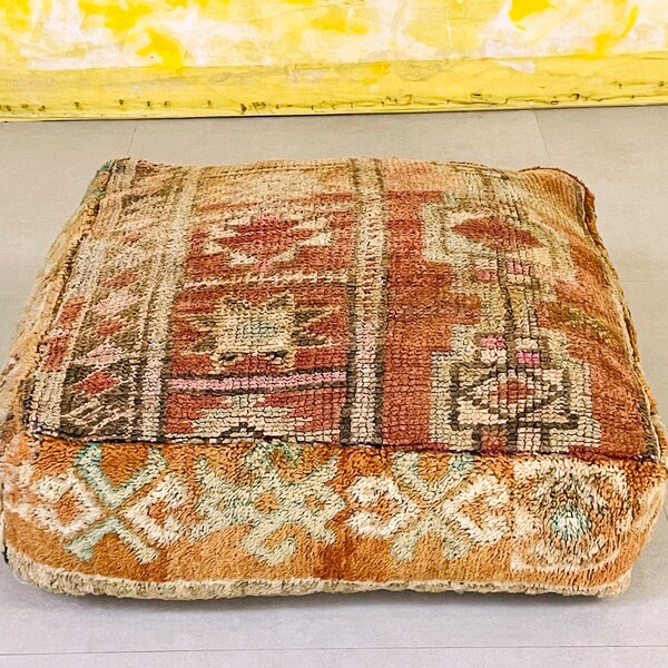 Moroccan Floor Pouf, Kilim Pouf Ottoman, Moroccan Pouf, Wool Pouf, Beni Ourain Square Pouf, Vintage Moroccan Ottoman