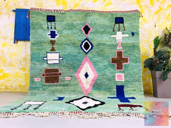 Green Moroccan Rug - Handwoven Wool Berber Carpet - Abstract Boho Area Rug - Unique Artisan Home Decor