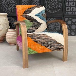 Handwoven Moroccan Kilim Armchair - Bold Geometric Wool- relax vintage style chair - Handmade wood chair, Moroccan Wood Armchair Gift