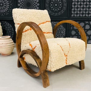 Vintage rug armchair and ottoman, Wooden armchair, Handmade chair mid century set, Comfy armchair for living room