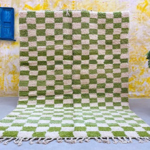 Green checkered rug handmade Moroccan shag rug
