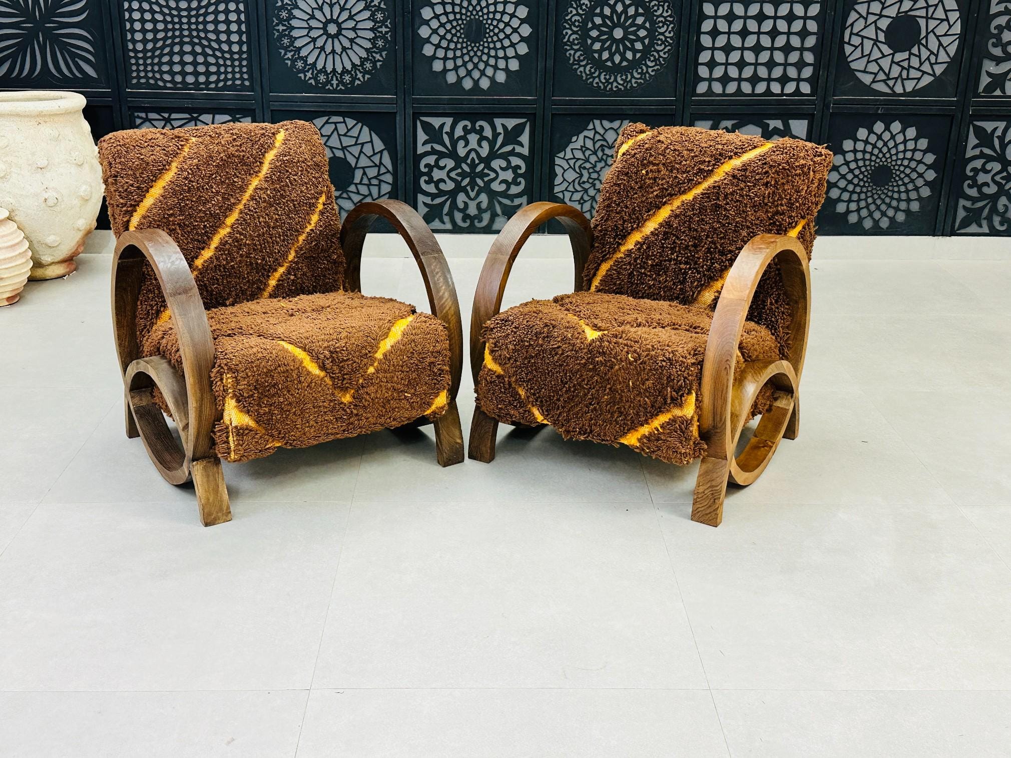 Set of 2 Mid century armchair, Retro lounge chair, modern chair, relax vintage style chair, Handmade wood chair, Moroccan Wood Armchair Gift