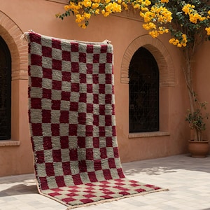 Red Gray Checkered Moroccan Rug | Large Red Cream Beni Ourain | Handwoven Berber Wool | Living Room Decor | Atlas Mountains