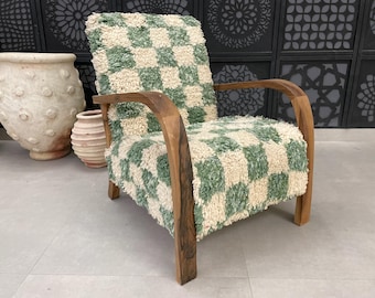 Silla marroquí de lana a cuadros verde y crema hecha a mano: cómoda silla decorativa con estructura de madera natural, silla moderna, silla relajante de estilo vintage